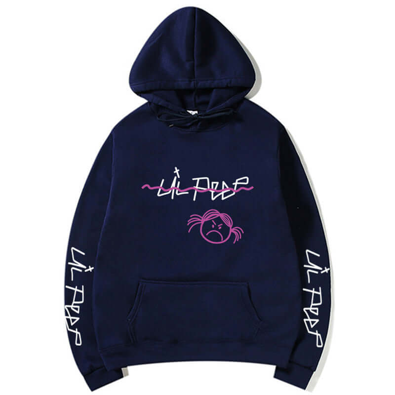 Lil Peep pullover hoodies in navy blue featuring graphic design and relaxed fit for stylish streetwear.