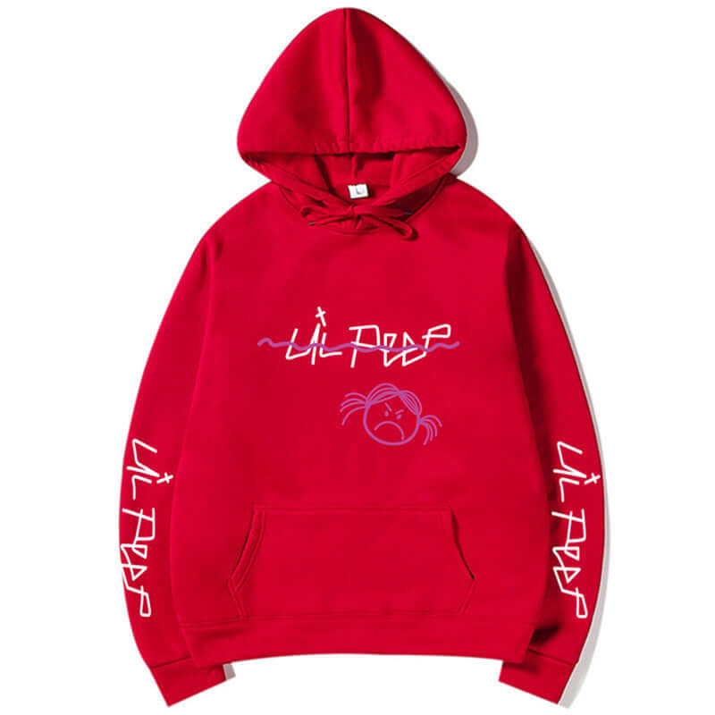 Lil Peep pullover hoodies in red featuring graphic design and cozy fit, perfect for fans of streetwear.