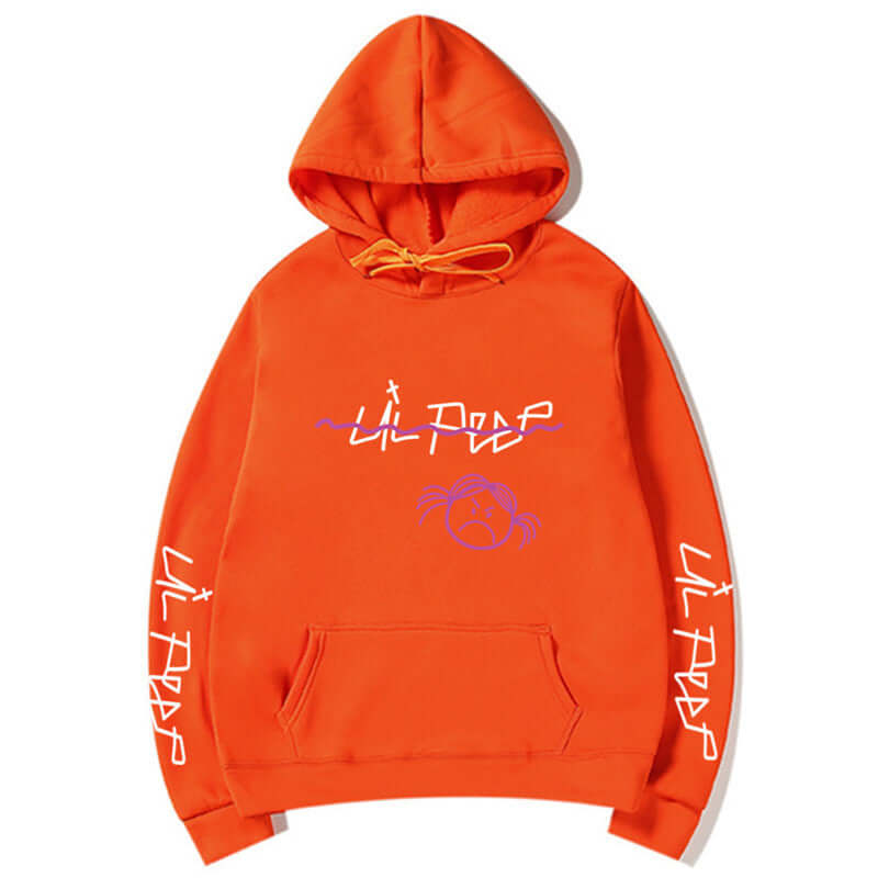 Lil Peep pullover hoodies in bright orange with unique logo and graphics, perfect for comfortable streetwear style.
