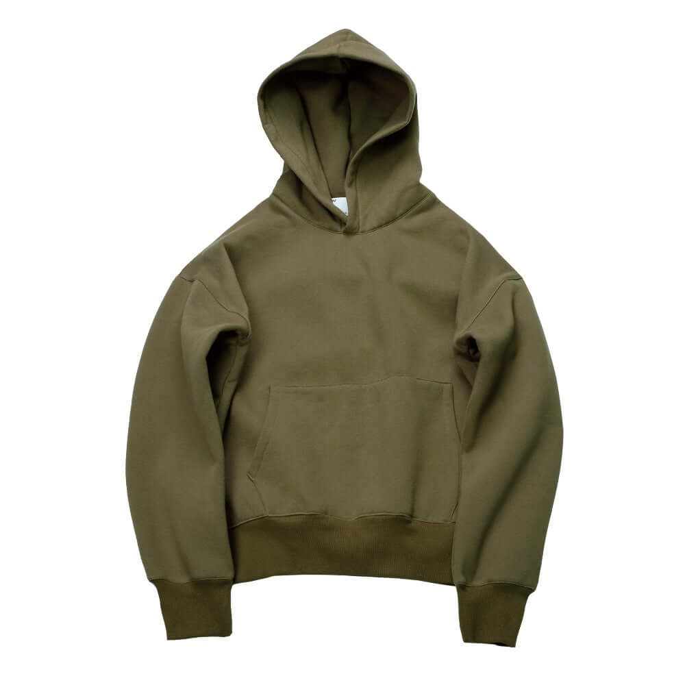 Plain multi colored hoodies in olive green cotton material with regular sleeves and front pocket.