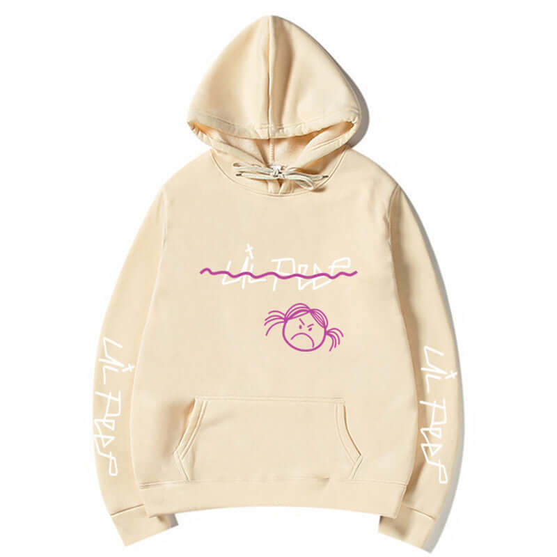 Lil Peep pullover hoodies in beige featuring graphic print and cozy design, perfect streetwear for fans.