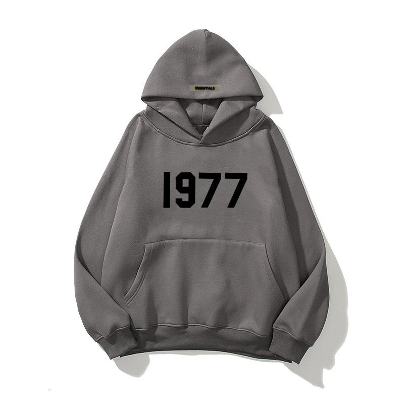 1977 hoodie styles - vintage streetwear pullover hoodie in gray with front pocket.