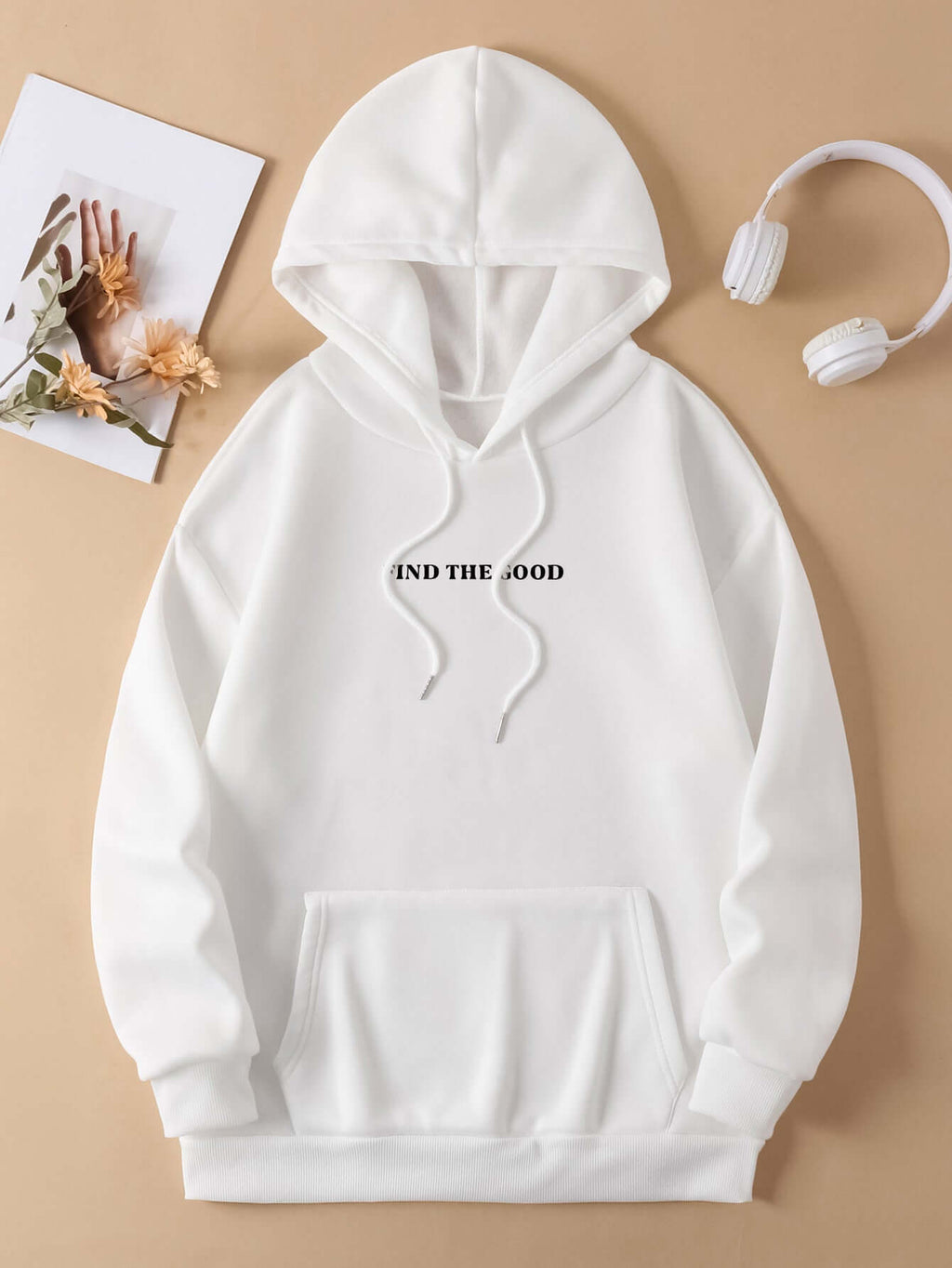 Brushed hoodie in white featuring black text design, suitable for casual wear.