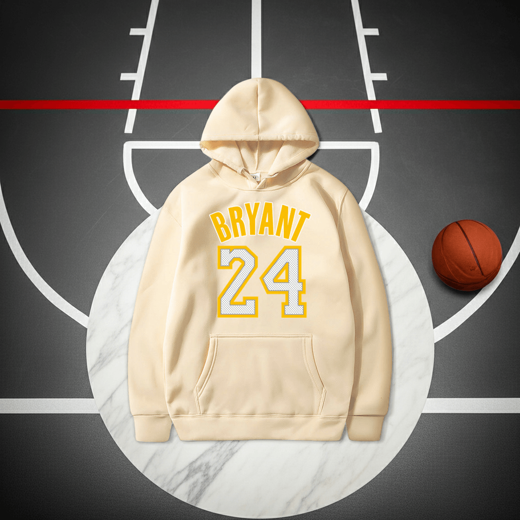 Bryant hoodies for comfort featuring a beige design with bold yellow lettering on a basketball court backdrop.